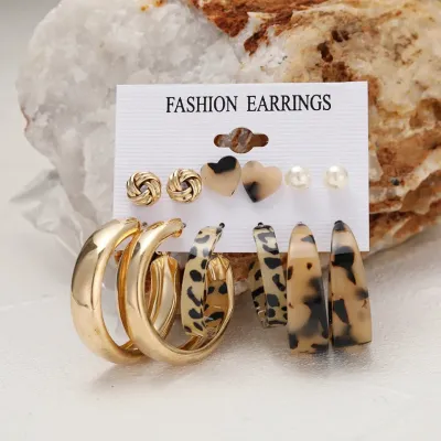 Heart Shape Unique Tiger Print Hoop Earrings Set ( 6 Pairs )